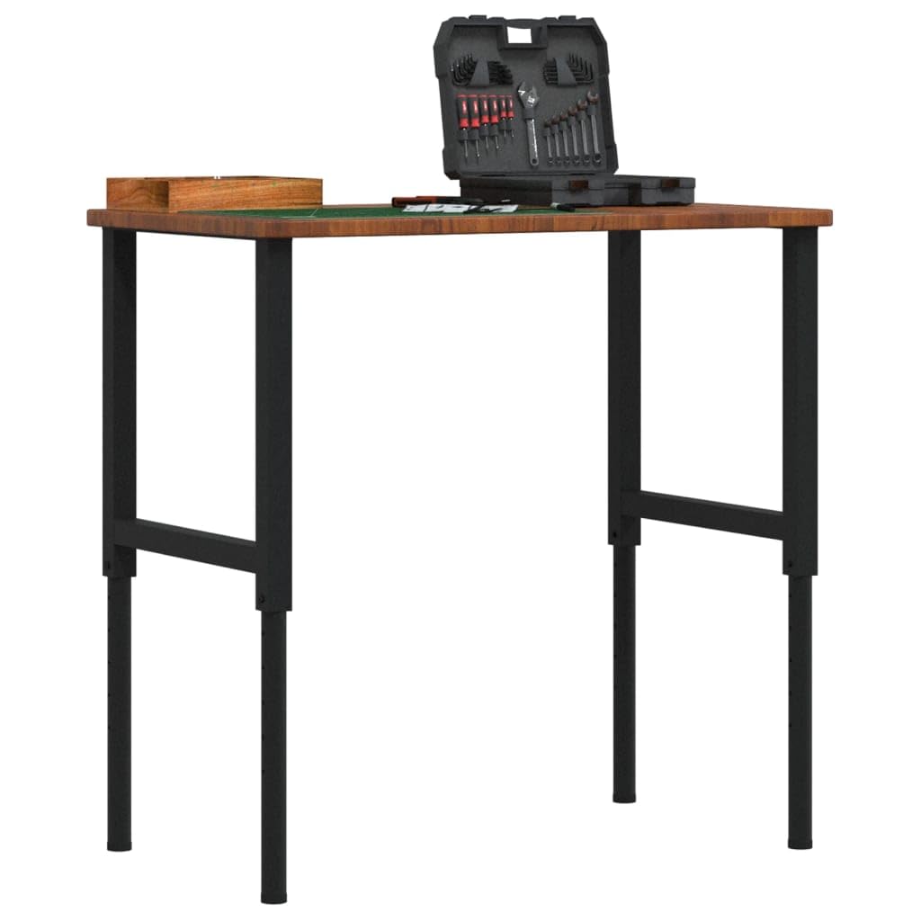 Banco de trabajo de roble macizo marrón oscuro 100 x 60 x (71,5 – 98) cm con patas ajustables en altura y estructura de metal robusta. Equipo de taller estable para aficionados al bricolaje con gran