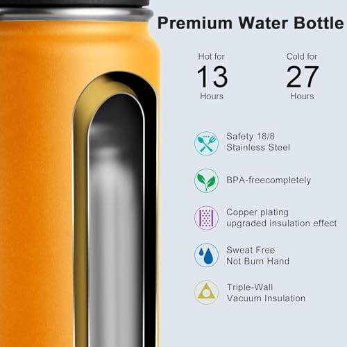 Image of koodee Water Bottle with Straw-26 oz Stainless Steel Vacuum Insulated Metal Sports Water Bottle with Leak Proof Straw Lid (Mango Yellow)