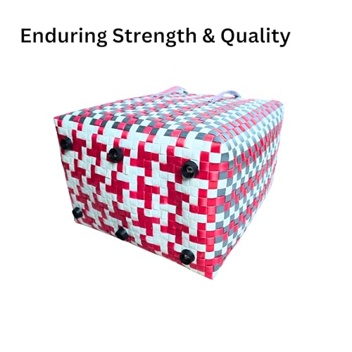 Image of Hand Made Multipurpose Plastic Basket with Lid | Eco-Friendly, Washable, Rust-Free Storage Basket for Kitchen, Picnic, Toys, Travel, Office | Lightweight basket (Grey with Red, XL)