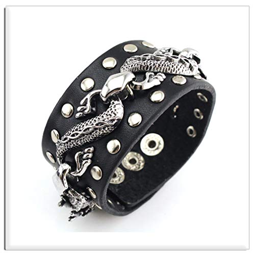 Xusamss Hip Hop Alloy Dragon Rivet Wide Leather Wristband Cuff Bracelet,7.0-8.0"(Black) #TOP5