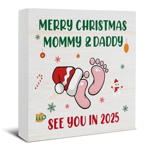 Décoration de Noël, panneau en bois rustique « Merry Christmas Mommy and Daddy See You in 2025 » - 12,7 x 12,7 cm