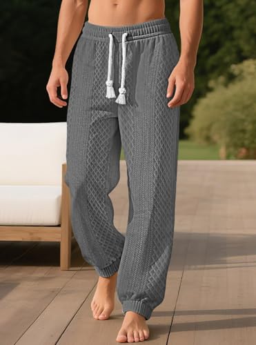 FQZWONG Mens Jacquard Cuffed Pants Casual Soild Elastic Waistband Drawstring Joggers for Travel Leisure and Everyday Use2