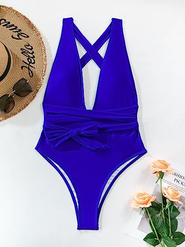 Image of Lilosy Sexy Tie Criss Cross Plunge One Piece Thong Swimsuit High Cut Brazilian Bathing Suit