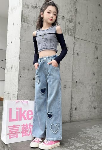 NABER Kids Girls Casual Baggy Wide Leg Denim Pants Elastic Waist Casual Jeans Age 5-144