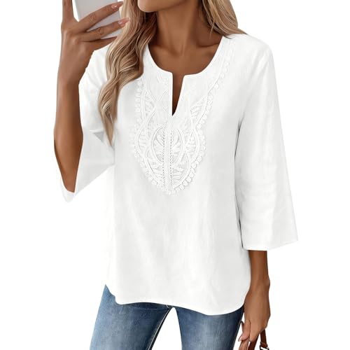 Chemise femme coton et lin à manches 3/4 col en V pour un style bohème décontracté en été