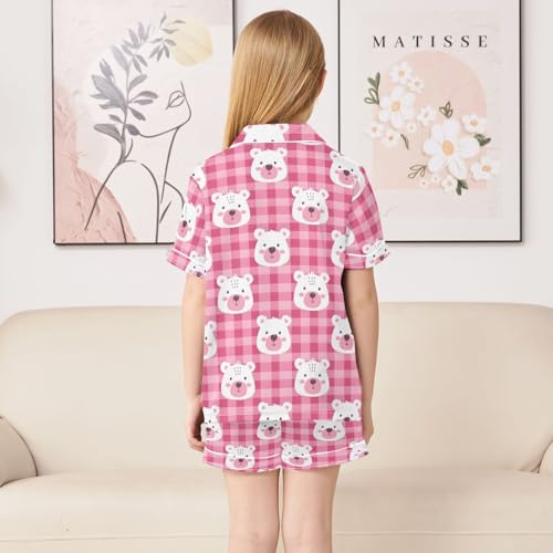 Pink Bear's Face Summer Satin Pajama Set, Cute Button-Down Sleepwear Pj Set for Sleep Wears4