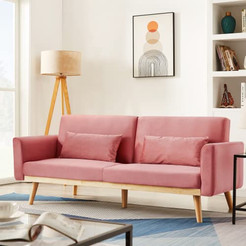 Awqm Velvet Futon Sofa Bed, Memory Foam Couch Set, Upholstered Modern Daybed Convertible Folding Loveseat Recliner With Pillows And Wooden Frame For Compact Living Room, Apartment, Dorm, Office (Pink) #TOP2