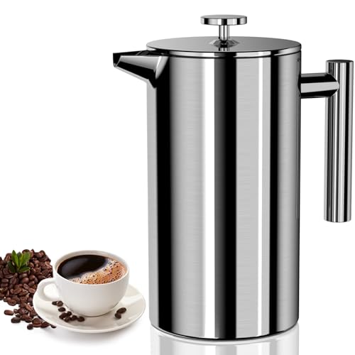 VOSFEEL French Press 1L, Caffettiera con Triplo Filtro, Doppio Acciaio Inox