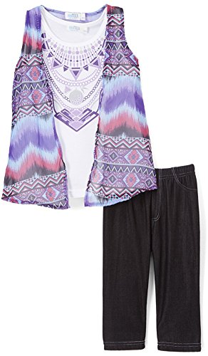 Image of ToBeInStyle Girl's 2 Piece Outfit Layered Top & Capri Jeggings Set Casual Denim Look Leggings