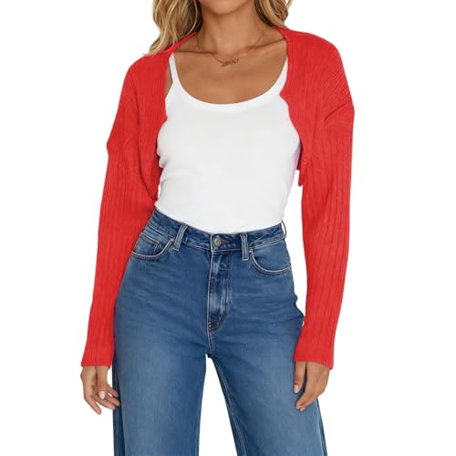 Image of Women Long Sleeve Open Front Ribbed Knit Crop Cardigan Solid Loose Drop Shoulder Shrug Bolero Crop Sweater Top