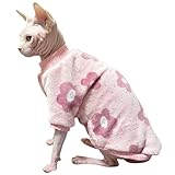 Urnat Cat Flannel Floral Clothes, Warm Soft Winter Jumpsuit Flower Prints Sweater Shirt Clothing for Hairless Sphynx, Devon & Indoor Kittens (Pink, S)
