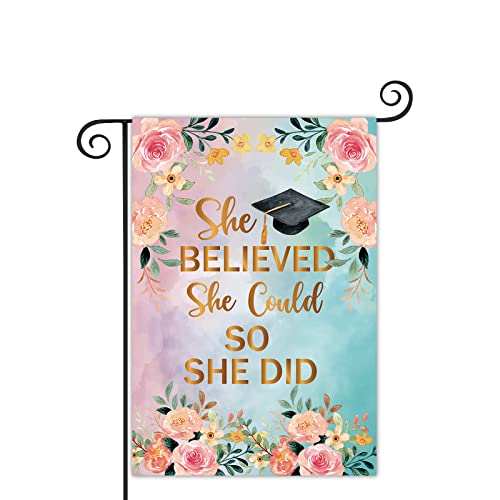 WHPCT Gold She Believed She Could So She Did Garden Flag,Congrats Porch Yard Sign Decor for Girl Graduation,Graduation Flag,Vertical Double Sided,12X18 Inch