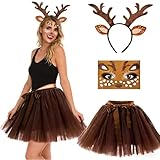 Vibbang Reh Kostüm Damen, Karneval Kostüm Damen, Rentier Kostüm Erwachsene mit Rentier Haarreif, Tutu Tüllrock Damens, Gesichtsaufkleber, für Karneval Cosplay Fasching und Mottopartys