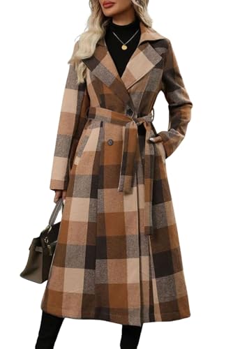 ebossy Women's Elegant Wool Plaid Notch Lapel Double Breasted Maxi Woolen Overcoat Belted Peacoat with Pockets