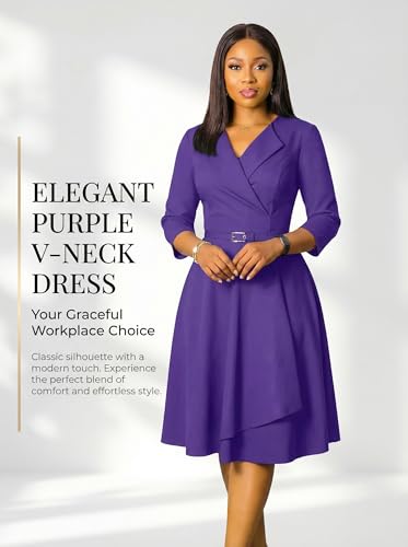 Image of Elainone Women 3 /4 Sleeve Casual Swing Flared A Line Dress Wedding Guest Semi Formal Office Work Dresses with Belt