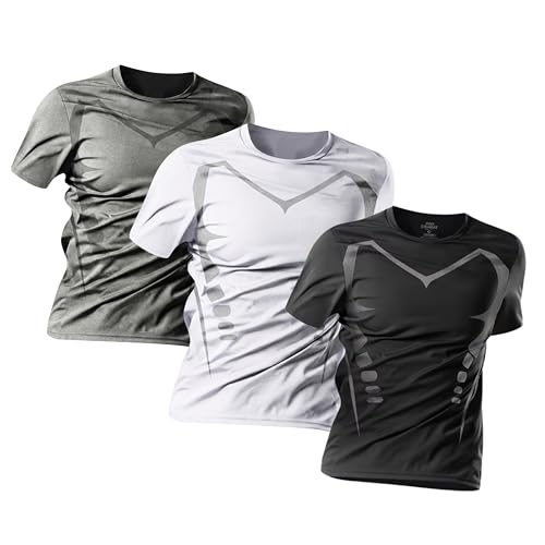 Pack 3 Camisetas Deporte Hombre - Camisetas Hombre Manga Corta de Secado Rápido Respirable Ropa Gimnasio Running Fitness y Padel (FR/ES, Letras, S, Regular, Regular, Negro)