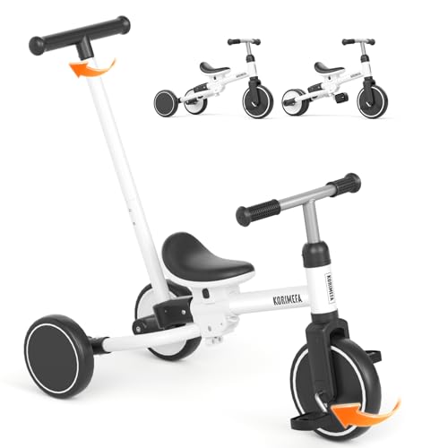 KORIMEFA Triciclo Evolutivo de Bebé 5 en 1, Bicicleta para Niños Desde 1 Año hasta 3 años con Barra de Empuje, Asiento Ajustable, Pedales Desmontables (Blanco)