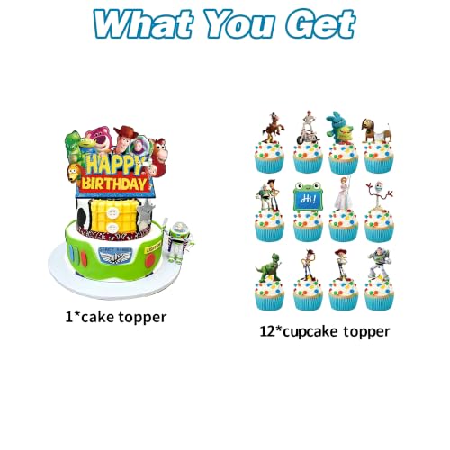For Toy Movie Story 5 Birthday Cake Topper, Cute Cartoon Cake Decorations Include 1Pcs Happy Birthday Cake Topper and 12Pcs Cupcake Topper for Party Decorations (13Pcs) by Famiresang - Used condition - Image 4