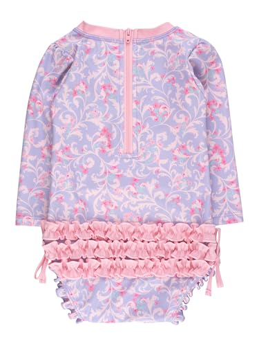 Image of RuffleButts Baby Girls UPF 50+ Sun Protection Floral Printed Long Sleeve One Piece Rash Guard Swimsuit with Zipper