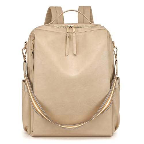 Mochila de couro PU com alça de ombro, bege, 5 bolsos internos, forro de poliéster, 0,9 kg