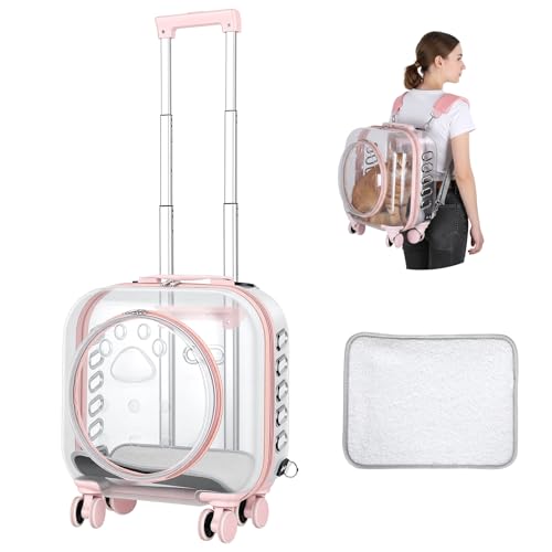 ilkqeppe Cat Carrier with Wheels, Hard Shell Cat Backpack Carrier for Travel, Rolling Pet Carriers with Silent Casters, Telescopic Handle & Detachable Shoulder Strap Pink