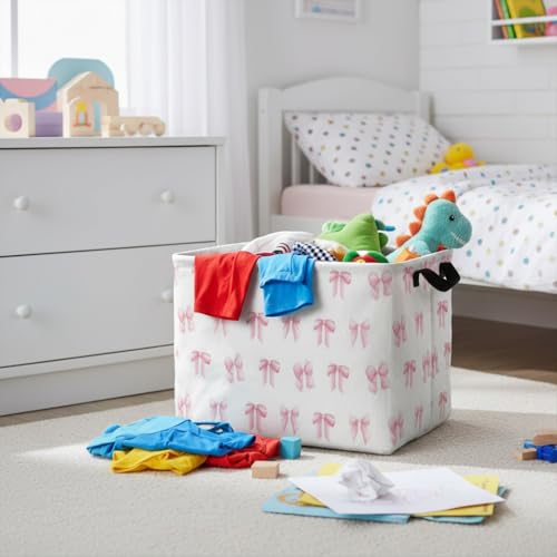 Image of Rectangular Valentines Basket Fabric Storage Bin Storage Boxes Collapsible Storage Basket for Clothes Books Shelves Basket(Pink Bowknot)