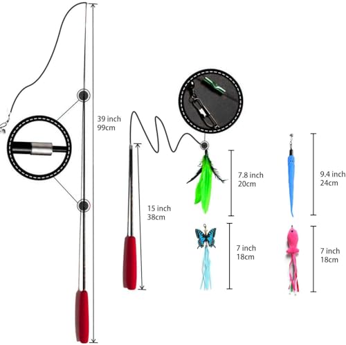Image of Retractable Cat Toy Wand 12 Packs Interactive Cat Feather Toys | , 9 Assorted Teaser Refills with Bell for Kitten (Pink)