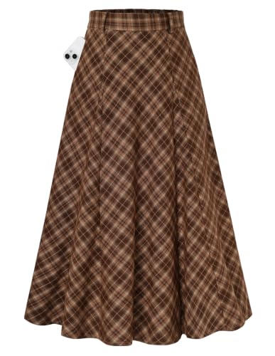 Women Plaid Midi Skirts, High Waist A Line Skirt with Pockets, Brown