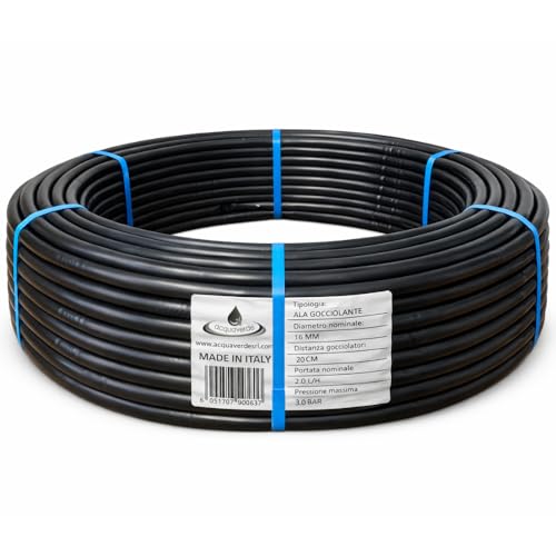 acquaverde | Ala Gocciolante ø 16 mm Passo 20 cm con Gocciolatore Doppio Foro 2 L/H SUPER, Rotolo da 50 mt, Tubo In Polietilene per Irrigazione a Goccia Automatica, Nero - Orto Facile