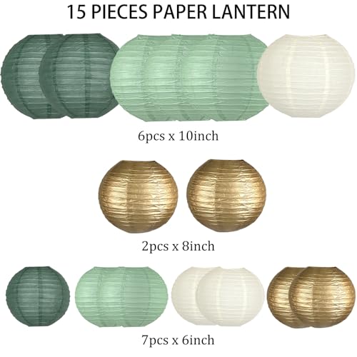 Image of 15-Pack Sage Green Gold Paper Lanterns Party Decorations | Assorted 6, 8 & 10-Inch Hanging Lanterns for Baby and Bridal Showers, Graduations, Weddings, Birthdays and Outdoor Receptions