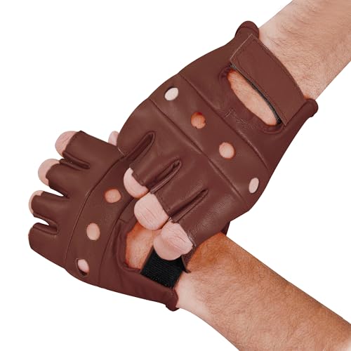 Royal Coalition Men's Leather Gloves Racing Fingerless Motorcycle Hand Black & Red Gloves W/Breathable Open Knuckle (Tan, Small)