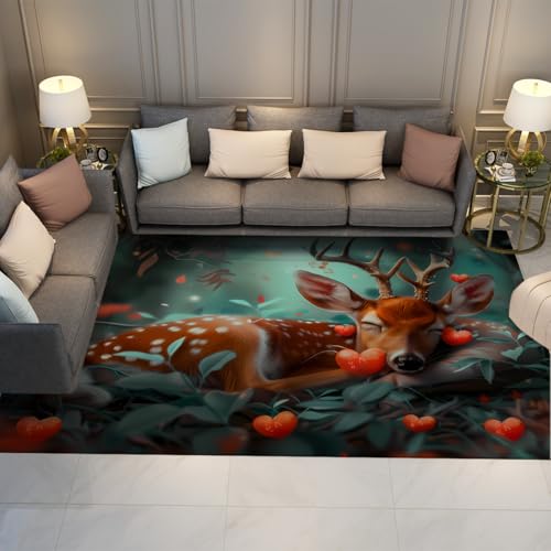 夢のような森 140x220cm エリアラグおとぎ話スタイルスリーピングディアパターンフロアマット子供寝室保育室低パイルイージークリーニング