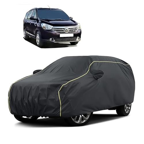 Image of Sulfar 100% Water Resistant Car Body Cover Compatible with Mirror for Renault Lodgy (Triple Stitched, Full Bottom Elastic, Dark Grey Taffeta with Yellow Piping)