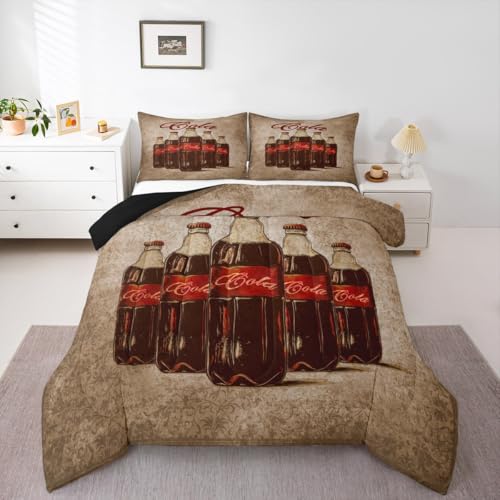 Feelyou Kids Cola Duvet Insert Queen Size, Vintage Bedding Set Drinks Comforter Set Boys Girls Summer Holiday Teens Bedroom Decor Bed Set 3Pcs