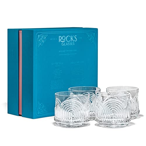 Glassique Cadeau Vintage Art Deco 1920S Lowball Cocktail Glasses | Set Of 4 | 9 Oz Crystal Old Fashioned Glassware For Drinking Classic Bar Drinks | Heavy Base Short Rocks Tumblers For Women #TOP6