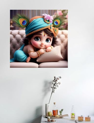 Image of Akki Wold Sky Blue Cute Eyes On Soffa With Pillow Wall Poster For Living Room, Office, Pooja Room (Size - 46CM X 46CM)