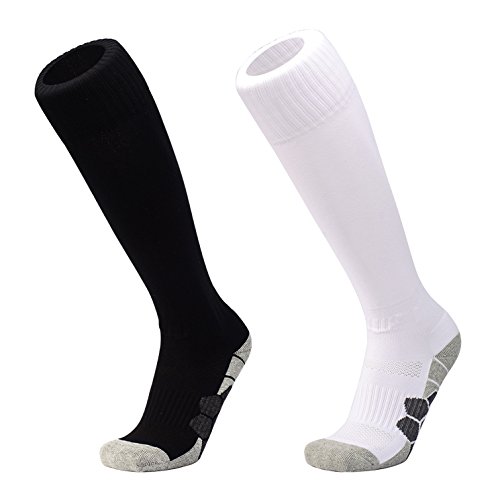 DEBAIJIA 2 Pares Calcetines de Fútbol Deportes al aire Libre de Medias de Fútbol Mujeres/Hombre Niños/Niñas Para Baloncesto, Lacrosse, Rugby, Hockey& Otros deportes Negro/Blanco - M Cover