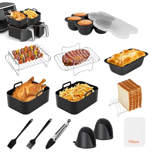 Air Fryer Accessories, Set of 10 for Ninja Air Fryer AF300UK AF400UK AF451UK /Tower T17088/Salter/Cookwise,Including Reusable Silicone Air Fryer Liner&Air Fryer Rack&Bread Pan&Mini Cake Mold (Black)