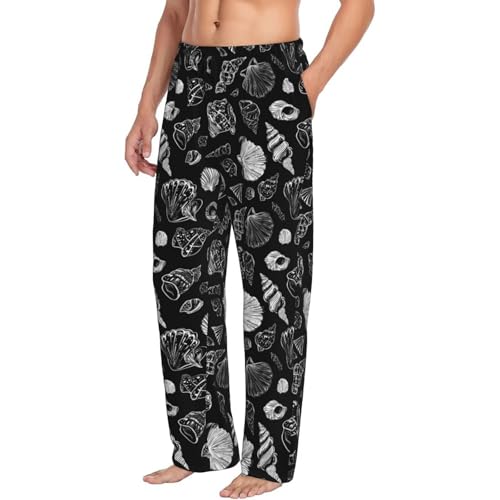 Mens Pajama Pants - Black Sketch Shells Print Soft Sleep Lounge Pants For Men, Casual Pj Bottoms With Pockets