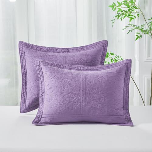 WINLIFE 100% Cotton Quilted Pillow Sham Floral Printed Pillow Cover Set of 2 (King Size, Dark Purple)
