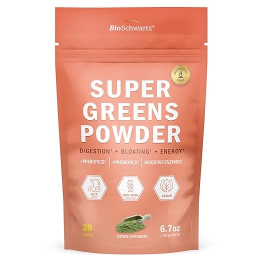 Super Greens Superfood Powder - Greens Powder with Probiotics Prebiotics Digestive Enzymes and 43 Green Superfoods - Chlorophyll Bilberry Chlorella Spirulina Grass - Tastes Amazing - 30 Servings