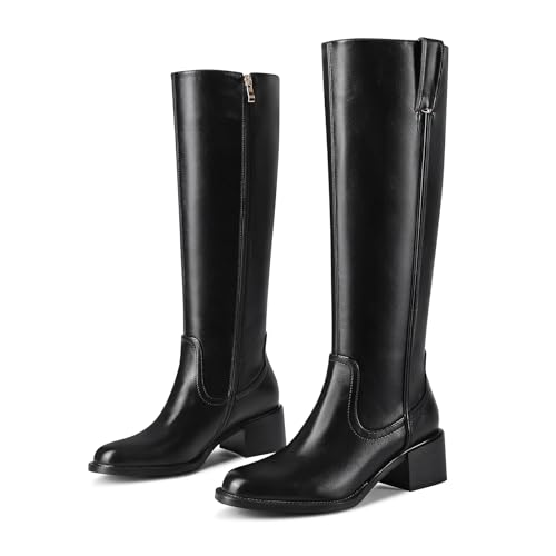 Image of Women's Knee High Boots Chunky Low Block Heel Round Toe Faux Leather Rinding Boots with Side Zip Fashion Tall Boots for Women