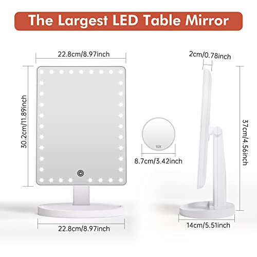 Large Lighted Vanity Makeup Mirror (X-Large), FUNTOUCH Light Up Mirror with 35 LED Lights, Touch Screen Dimmable and 10X Magnification Mirror,Dual Power Supply,360°Rotation Tabletop Cosmetic Mirror