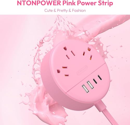 NTONPOWER Extensión Pink 10 FT Power Strip 2 Prong con USB C, 3 Tomas, 4 Puertos USB miniatura 2