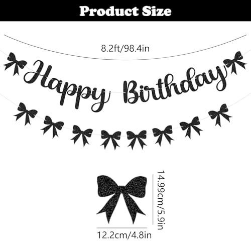 Image of Black Bow Birthday Decorations Happy Birthday Banner Black Bow Bunting Garland Glitter Photo Props Satin Ribbon Hanging Swirls Party Decor for Boys Girls Bachelorette Themed Party Supplies