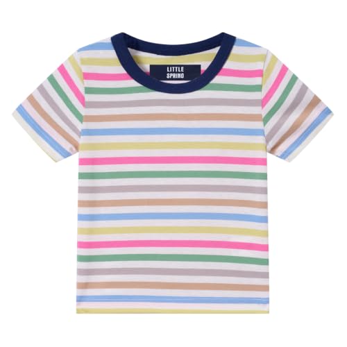 Image of LittleSpring Boys Girls T Shirt Rainbow Striped Cotton Crewneck Tees for Kids Fashion