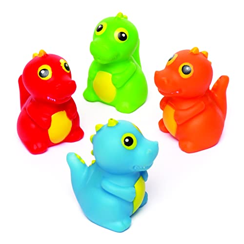 Baker Ross- Dinosaurios que lanzan agua (Pack de 4) Juguetes de goma que flotan con diseños variados ideales para la hora del baño o para actividades acuáticas