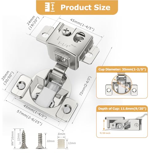 Furniware 10 Pieces 1-1/4 in Overlay Soft Close Concealed Hinge for Face Frame Door, 105° Open Angle Concealed Stainless Steel Hinges for Face Frame Door, Soft Close Cabinet Hinge Satin Nickel