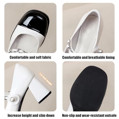Womens Platform Chunky Heel Mary Jane High Heels Chunky Heel Shiny Dress Shoes Closed Toe Mary Jane High Heels (White,7)4