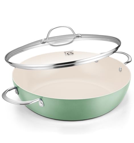 Image of KOCH SYSTEME CS Saute Pan with Lid, 12 Inch Nonstick Saute Pan with PFOA-Free Ceramic Coating, 6QT Deep Frying Pan with Lid, Nonstick Large Deep Pan, Oven Safe, Induction Compatible, Sage Green